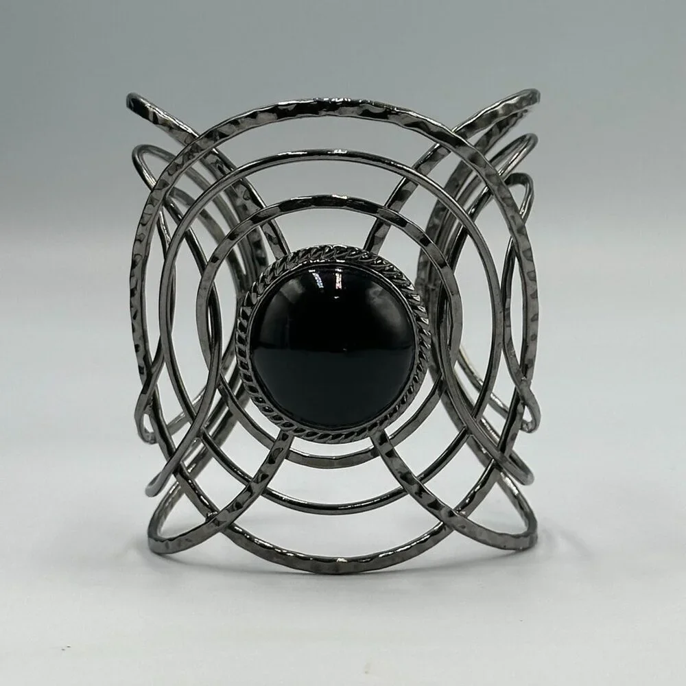 3/$30 Black Acrylic Cabochon Cuff Bracelet Hammered Wire Sculptural Statement